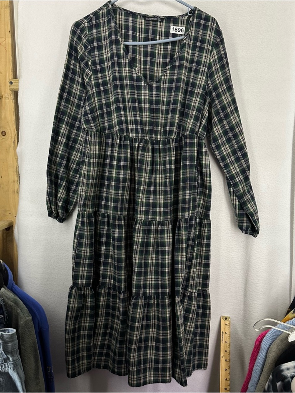 Bloomchic Plaid Long Sleeve Peasant Dress Womens 10 Green